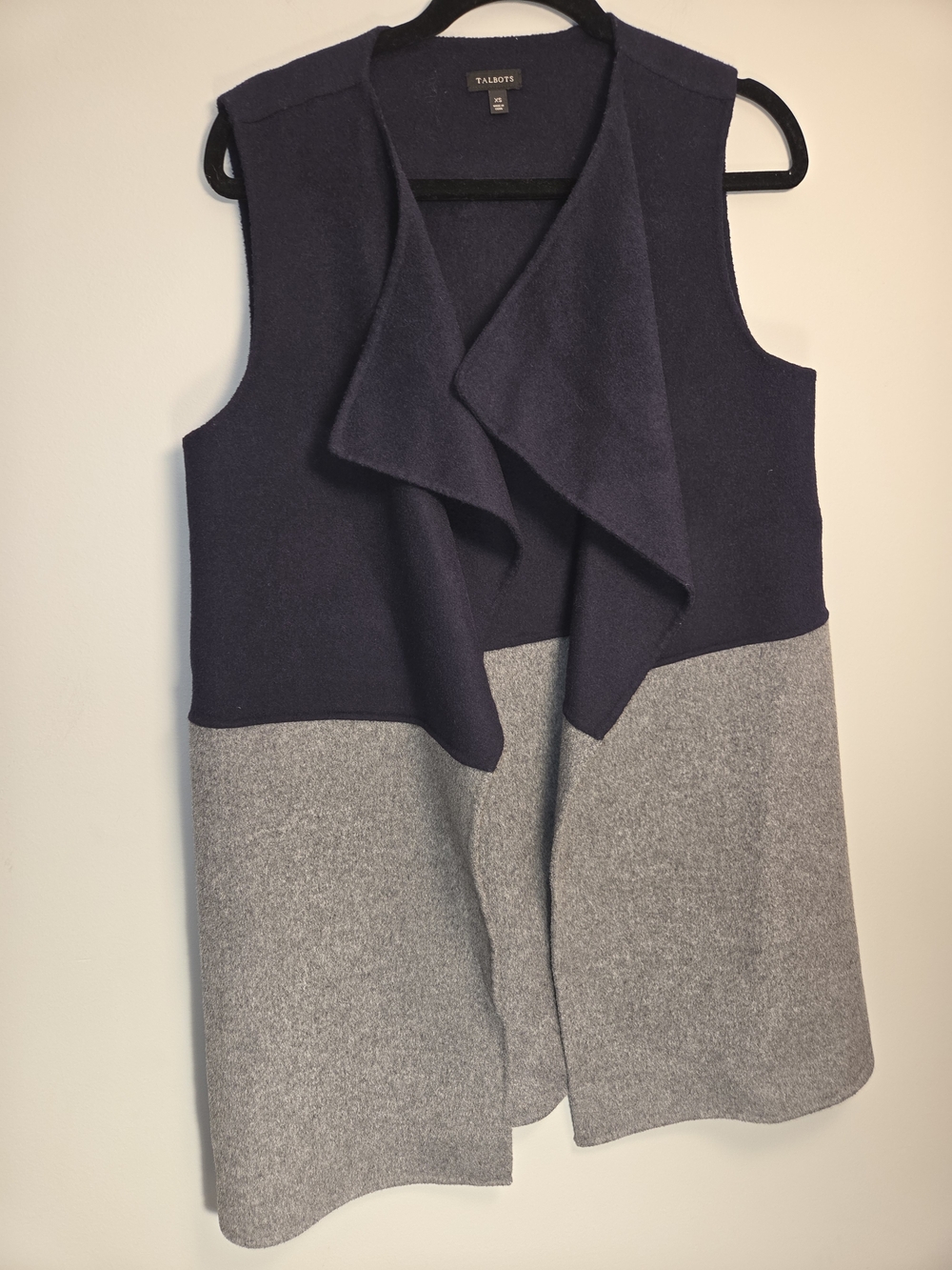 Talbots Drape Front Flyaway Vest Women's Size XS Navy Blue Heather Gray.